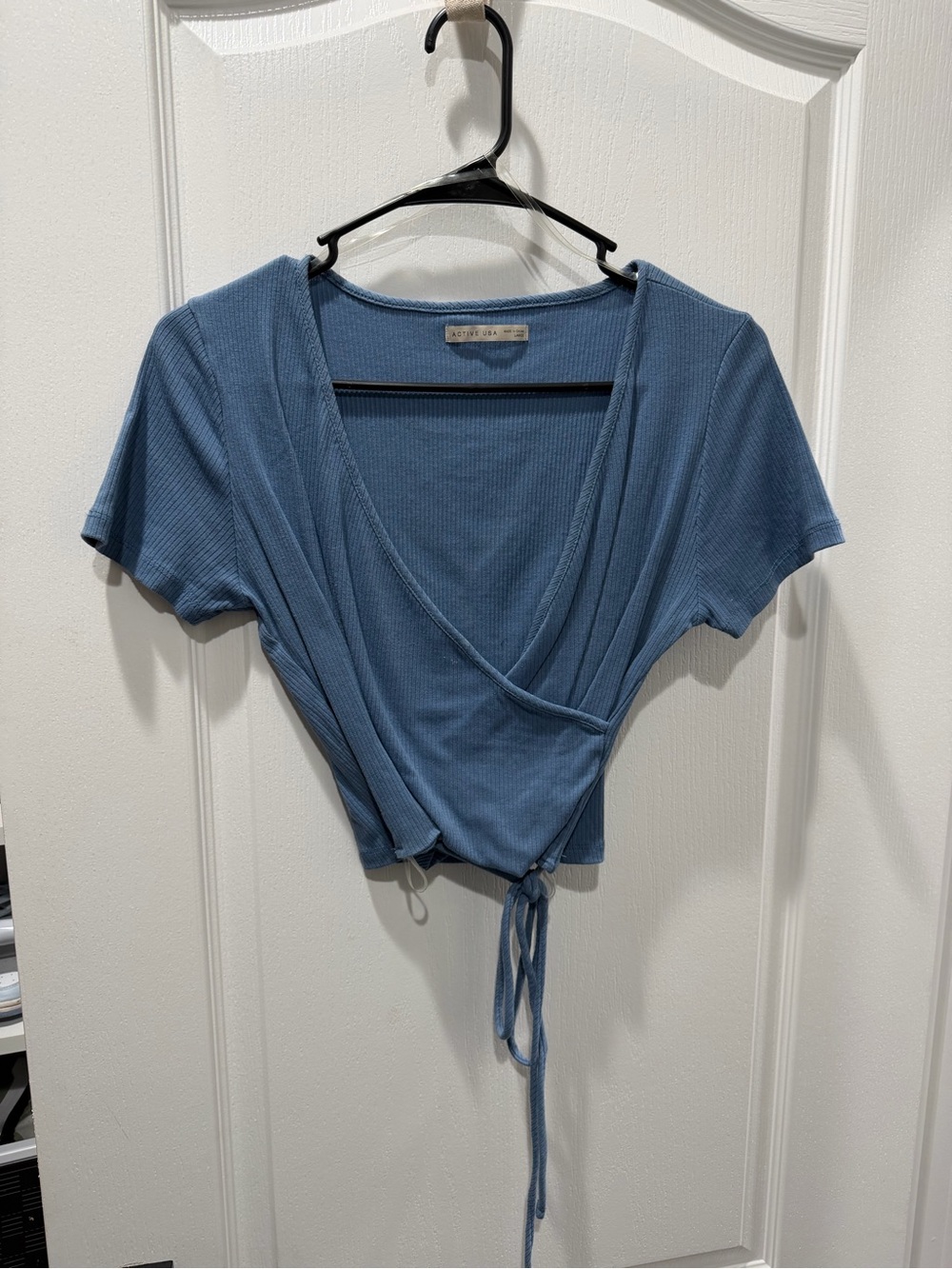 Blue Ribbed Wrap Crop Top